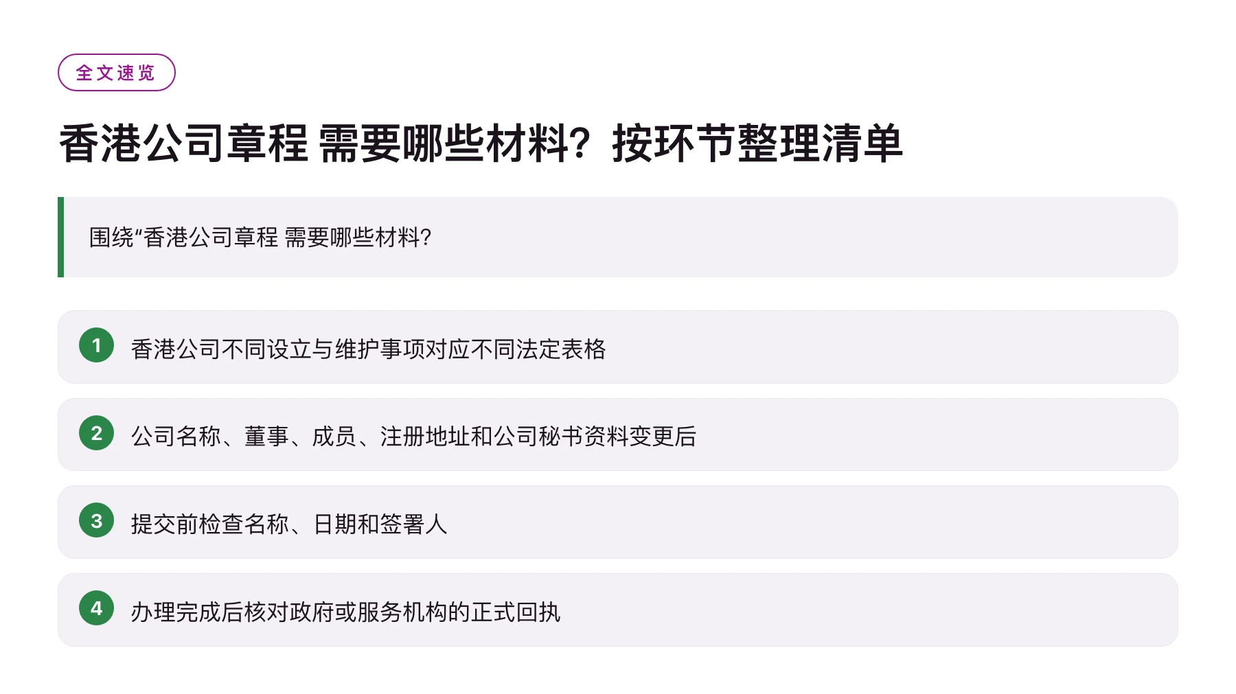 香港公司章程 需要哪些材料？按环节整理清单——全文要点速览