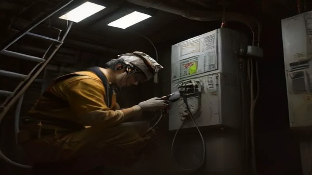A technician plugging a network cable into a mining machine, ports in sharp focus